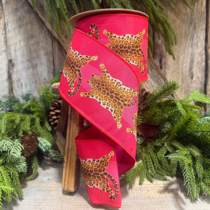 4" Tiger Rug Ribbon, Animal skin ribbon, Pink and Red