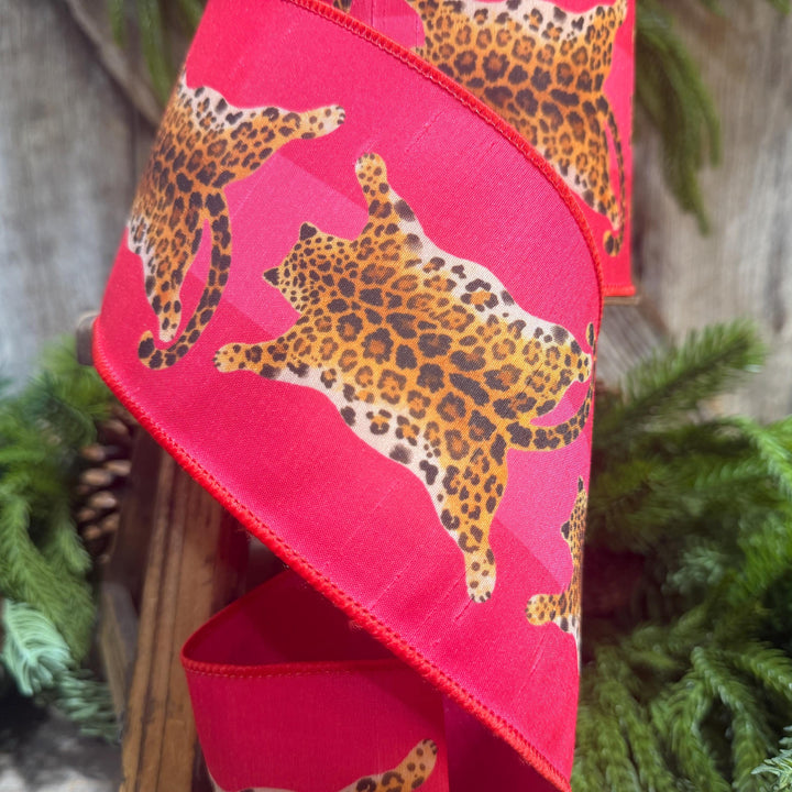4" Tiger Rug Ribbon, Animal skin ribbon, Pink and Red