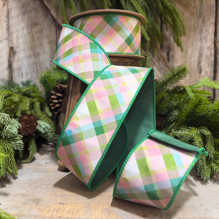 2.5 Inch Pink Green Plaid Wired Ribbon, Dupioni, 10 Yard Roll