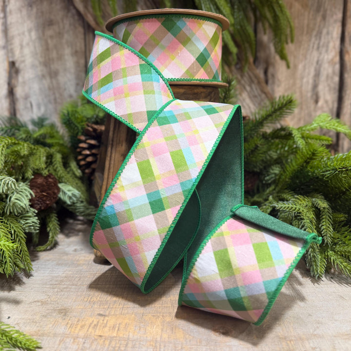 2.5 Inch Pink Green Plaid Wired Ribbon, Dupioni, 10 Yard Roll