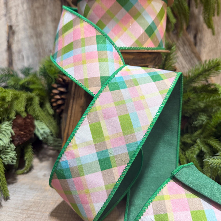 2.5 Inch Pink Green Plaid Wired Ribbon, Dupioni, 10 Yard Roll