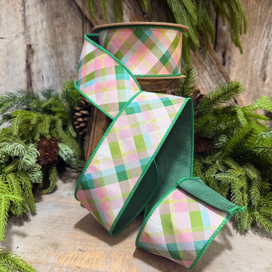 2.5 Inch Pink Green Plaid Wired Ribbon, Dupioni, 10 Yard Roll