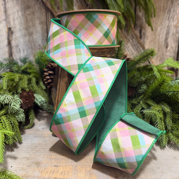 2.5 Inch Pink Green Plaid Wired Ribbon, Dupioni, 10 Yard Roll