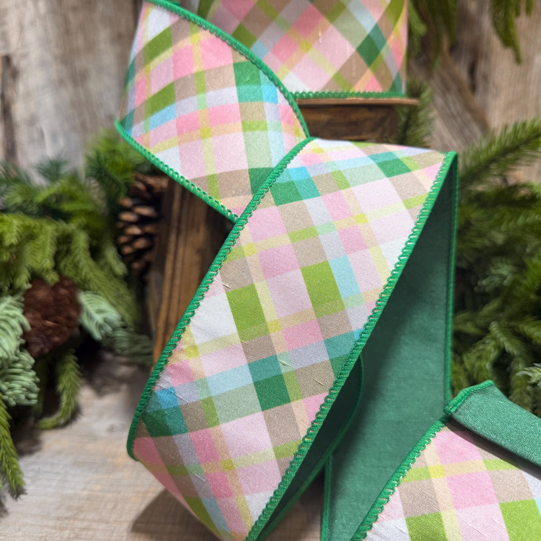 2.5 Inch Pink Green Plaid Wired Ribbon, Dupioni, 10 Yard Roll