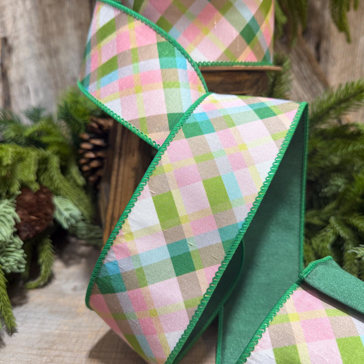 2.5 Inch Pink Green Plaid Wired Ribbon, Dupioni, 10 Yard Roll