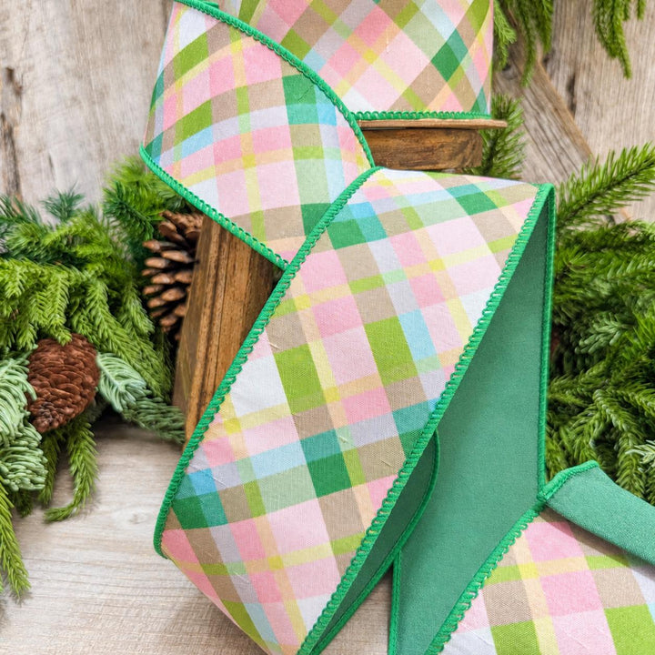 2.5 Inch Pink Green Plaid Wired Ribbon, Dupioni, 10 Yard Roll