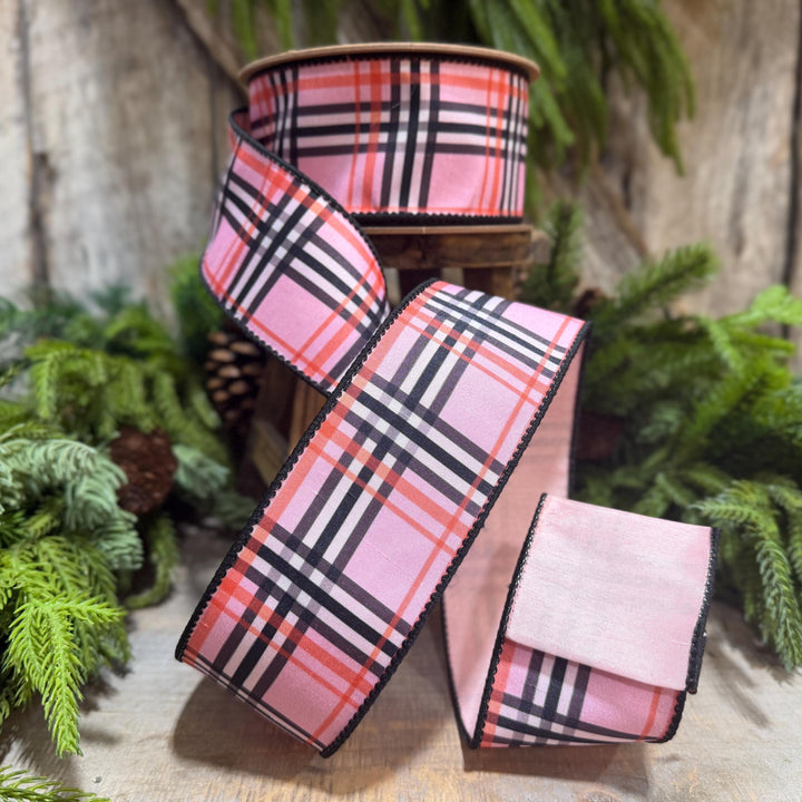 2.5 Inch Pink Fashion Plaid Wired Ribbon, Dupioni, 10 Yard Roll