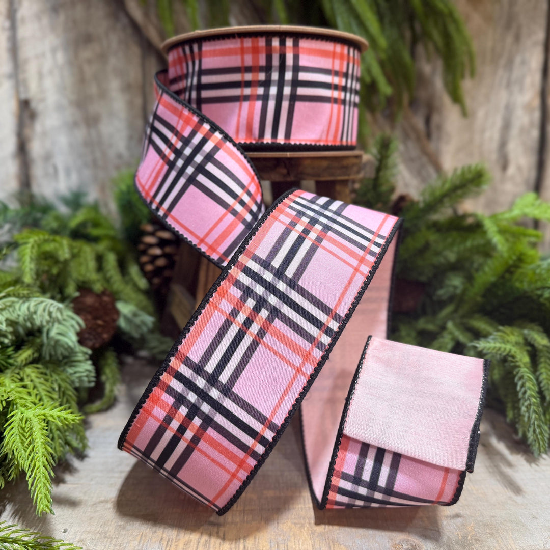 2.5 Inch Pink Fashion Plaid Wired Ribbon, Dupioni