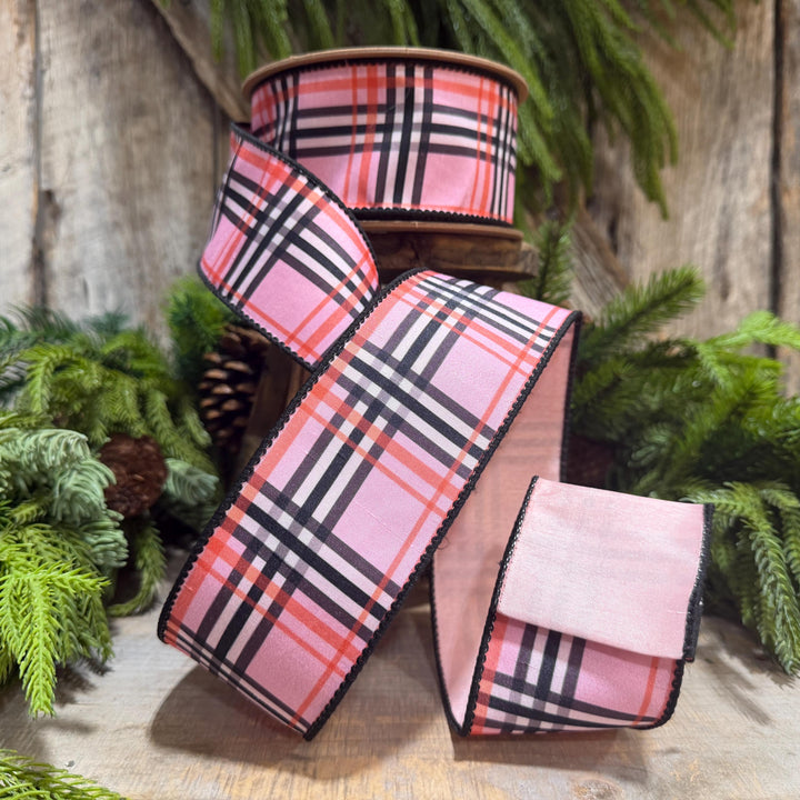 2.5 Inch Pink Fashion Plaid Wired Ribbon, Dupioni, 10 Yard Roll