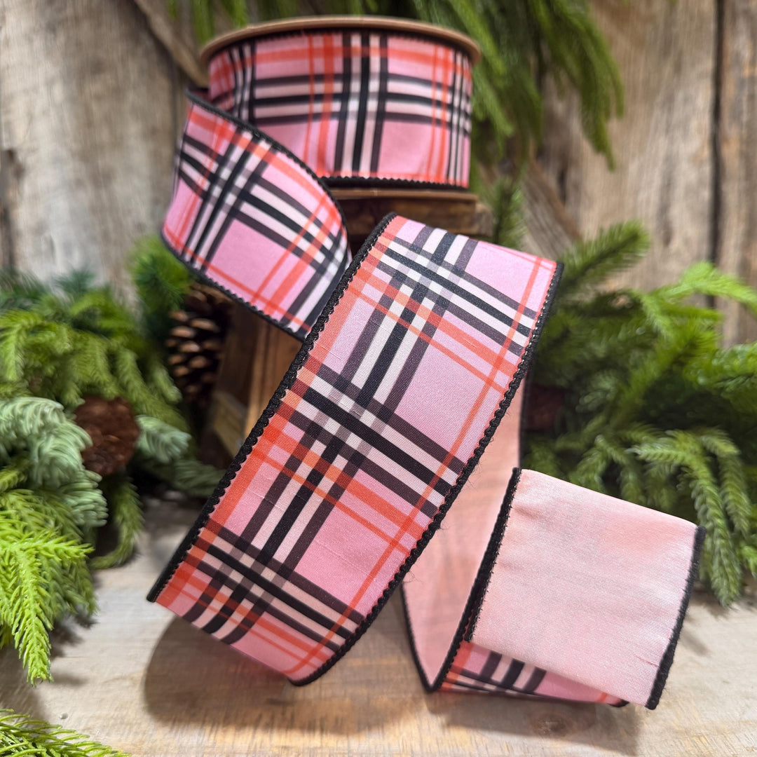 2.5 Inch Pink Fashion Plaid Wired Ribbon, Dupioni, 10 Yard Roll