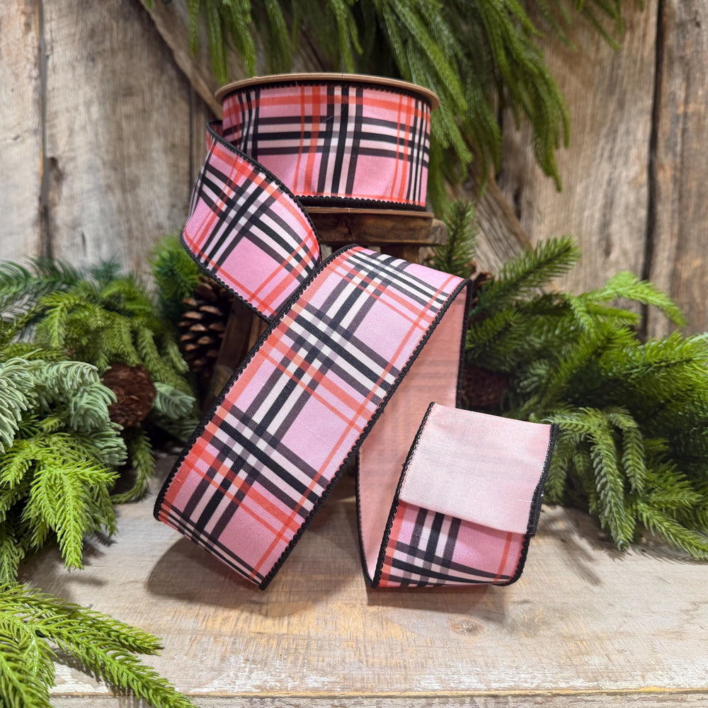 2.5 Inch Pink Fashion Plaid Wired Ribbon, Dupioni, 10 Yard Roll