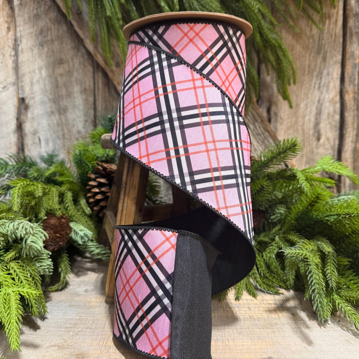 4" Pink Fashion Plaid Wired Ribbon, Dupioni, 10 Yard Roll
