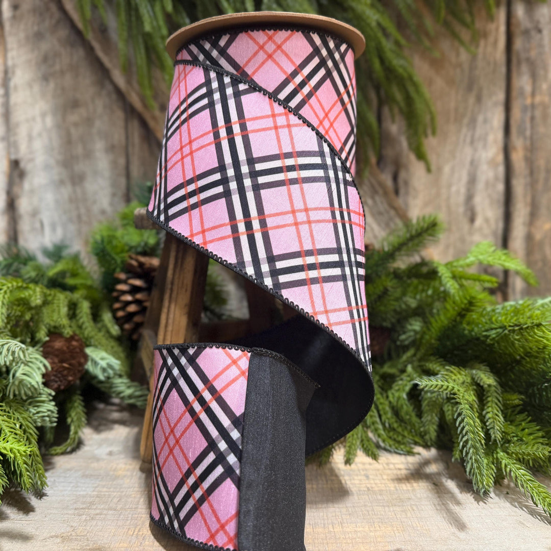 4" Pink Fashion Plaid Wired Ribbon, Dupioni, 10 Yard Roll