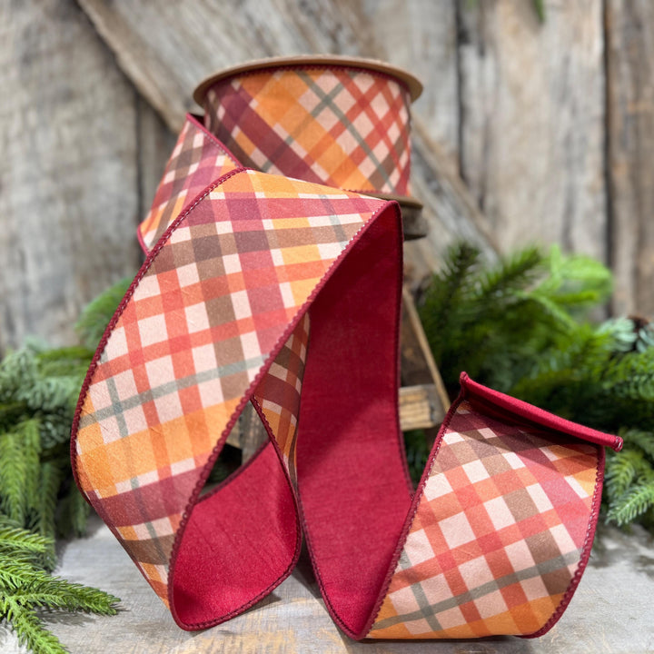 2.5 Inch Red Orange Plaid Wired Ribbon, Dupioni, 10 Yard Roll
