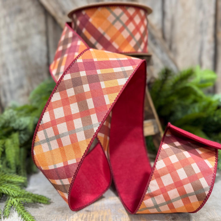 2.5 Inch Red Orange Plaid Wired Ribbon, Dupioni, 10 Yard Roll