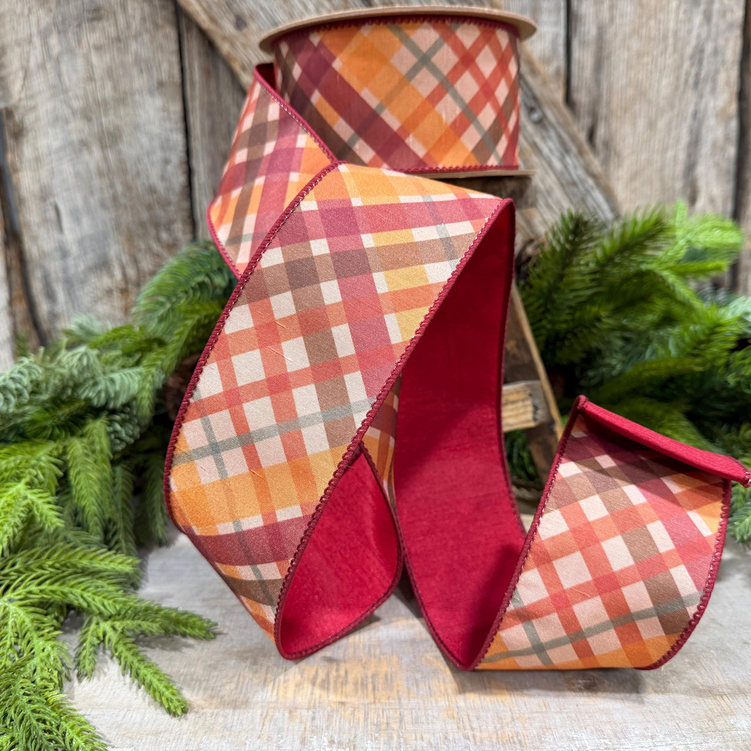 2.5 Inch Red Orange Plaid Wired Ribbon, Dupioni, 10 Yard Roll
