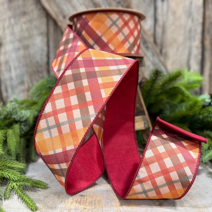 2.5 Inch Red Orange Plaid Wired Ribbon, Dupioni, 10 Yard Roll