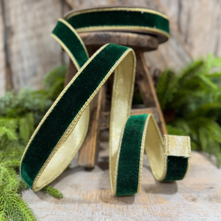 1" Emerald and Gold Velvet Ribbon, Flashy Green Velvet Ribbon, Farrisilk Velvet Ribbon