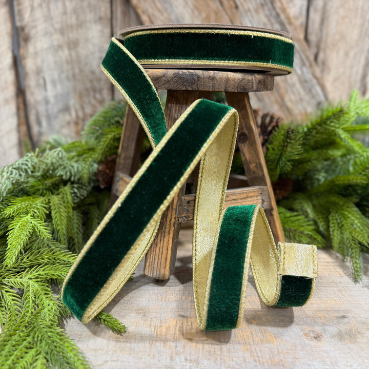 1" Emerald and Gold Velvet Ribbon, Flashy Green Velvet Ribbon, Farrisilk Velvet Ribbon