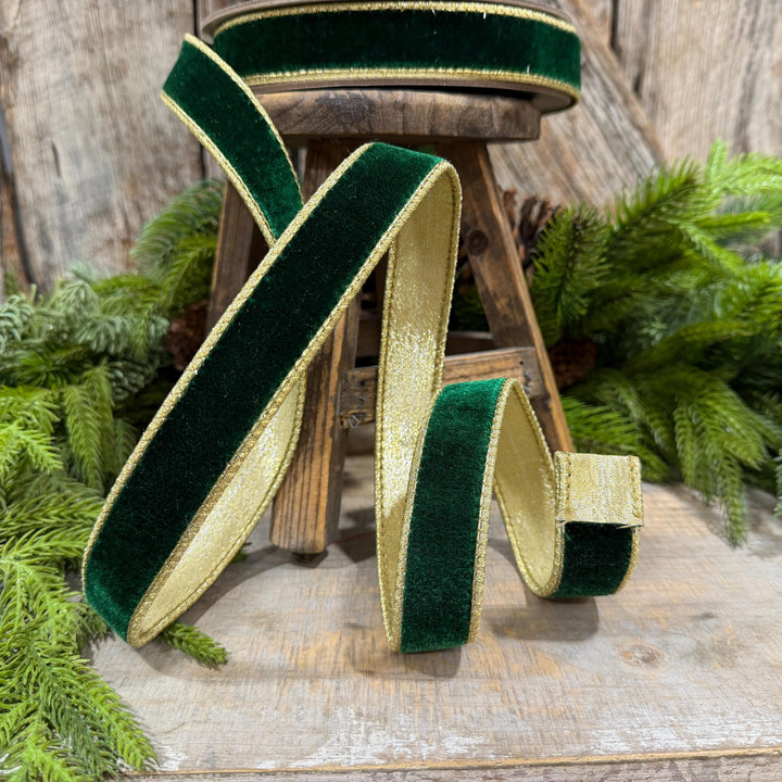 1" Emerald and Gold Velvet Ribbon, Flashy Green Velvet Ribbon, Farrisilk Velvet Ribbon