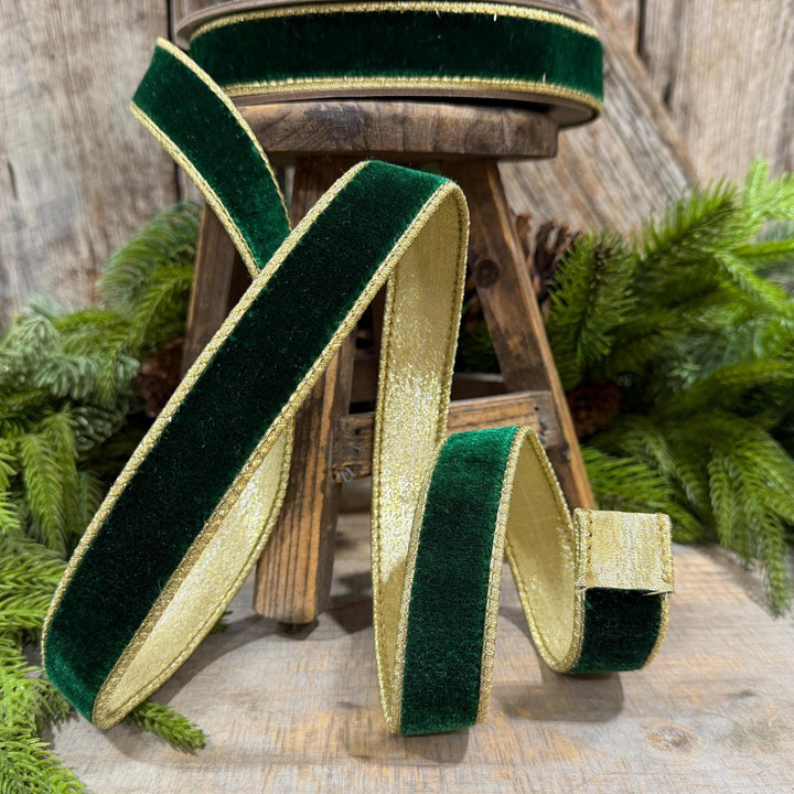 1" Emerald and Gold Velvet Ribbon, Flashy Green Velvet Ribbon, Farrisilk Velvet Ribbon