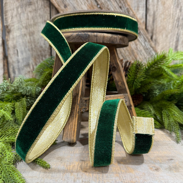 1" Emerald and Gold Velvet Ribbon, Flashy Green Velvet Ribbon