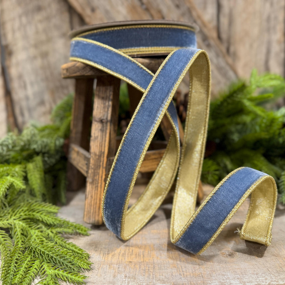 1" Steel Blue Flashy Velvet Ribbon, Farrisilk Ribbon, Dusty Blue Velvet Ribbon