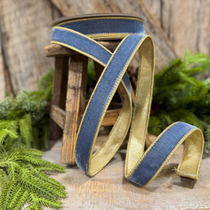 1" Steel Blue Flashy Velvet Ribbon, Farrisilk Ribbon, Dusty Blue Velvet Ribbon