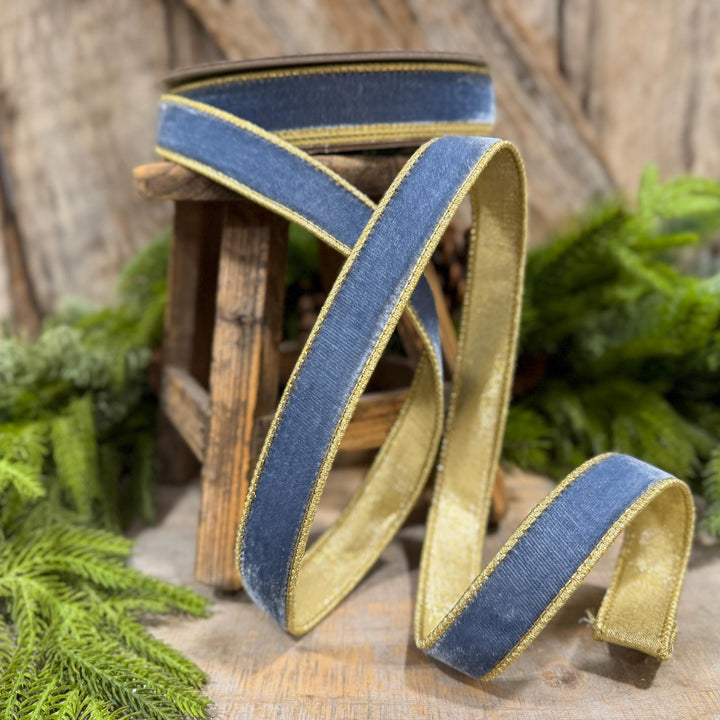1" Steel Blue Flashy Velvet Ribbon, Farrisilk Ribbon, Dusty Blue Velvet Ribbon