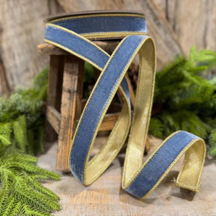 1" Steel Blue Flashy Velvet Ribbon, Farrisilk Ribbon