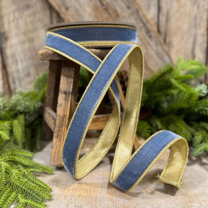 1" Steel Blue Flashy Velvet Ribbon, Farrisilk Ribbon, Dusty Blue Velvet Ribbon