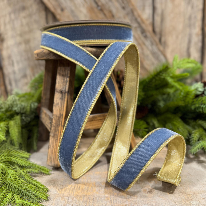 1" Steel Blue Flashy Velvet Ribbon, Farrisilk Ribbon, Dusty Blue Velvet Ribbon