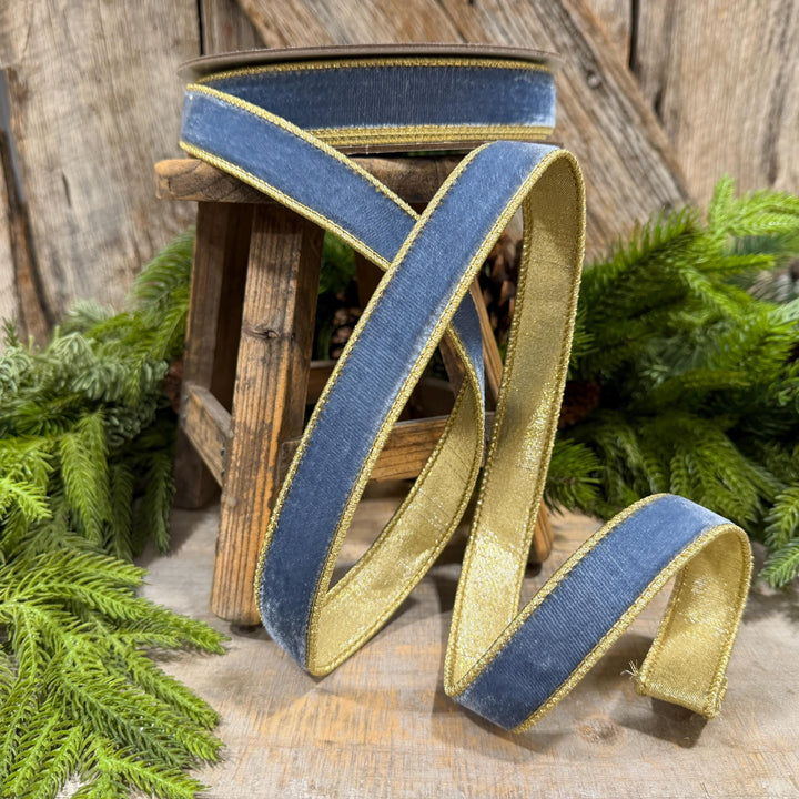 1" Steel Blue Flashy Velvet Ribbon, Farrisilk Ribbon, Dusty Blue Velvet Ribbon