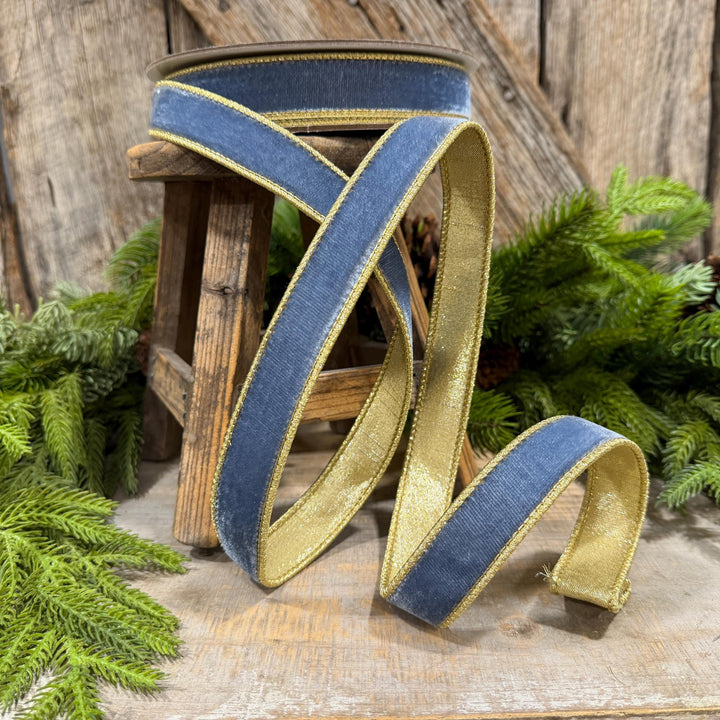 1" Steel Blue Flashy Velvet Ribbon, Farrisilk Ribbon, Dusty Blue Velvet Ribbon
