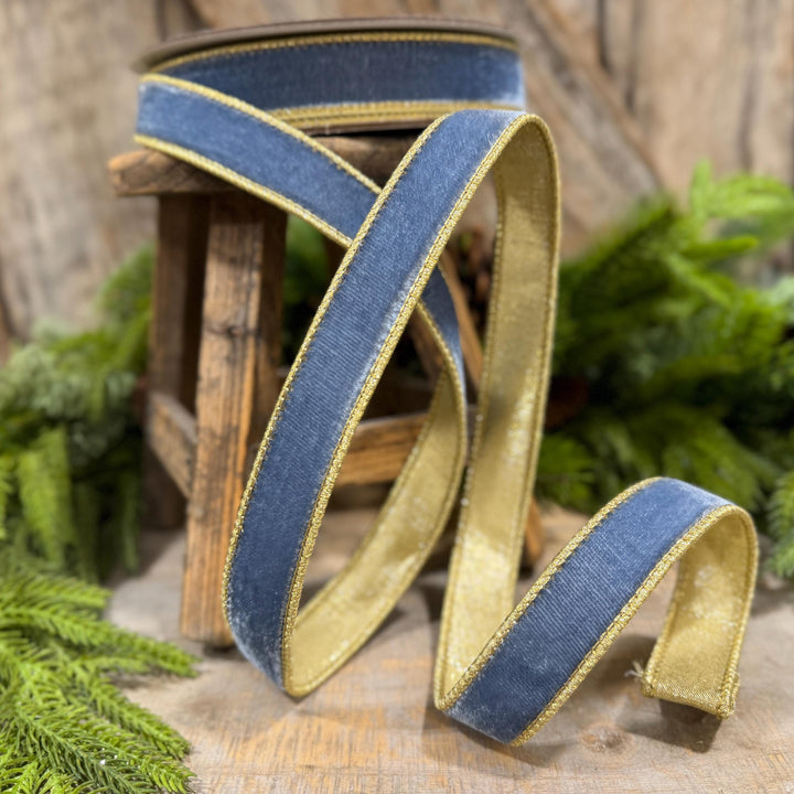 1" Steel Blue Flashy Velvet Ribbon, Farrisilk Ribbon, Dusty Blue Velvet Ribbon
