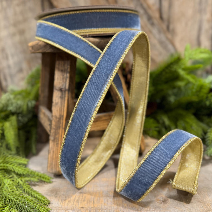1" Steel Blue Flashy Velvet Ribbon, Farrisilk Ribbon, Dusty Blue Velvet Ribbon