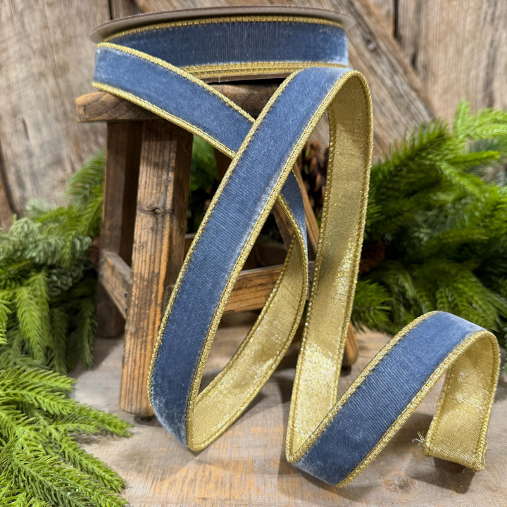 1" Steel Blue Flashy Velvet Ribbon, Farrisilk Ribbon, Dusty Blue Velvet Ribbon