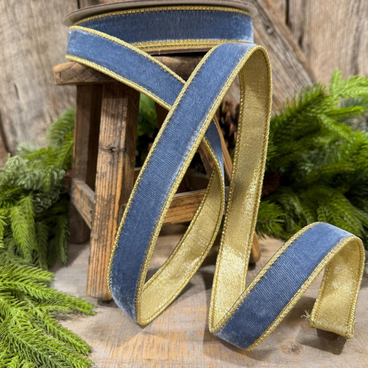 1" Steel Blue Flashy Velvet Ribbon, Farrisilk Ribbon, Dusty Blue Velvet Ribbon