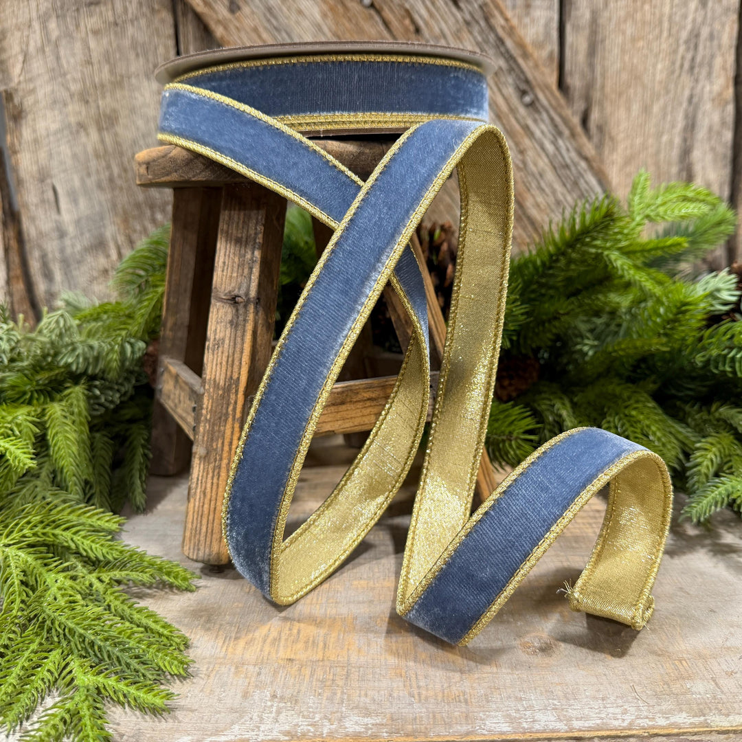 1" Steel Blue Flashy Velvet Ribbon, Farrisilk Ribbon, Dusty Blue Velvet Ribbon