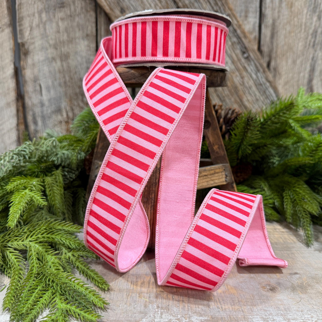 1.5" Red &amp; Pink Stripe Ribbon, Christmas Ribbon, Pink Christmas