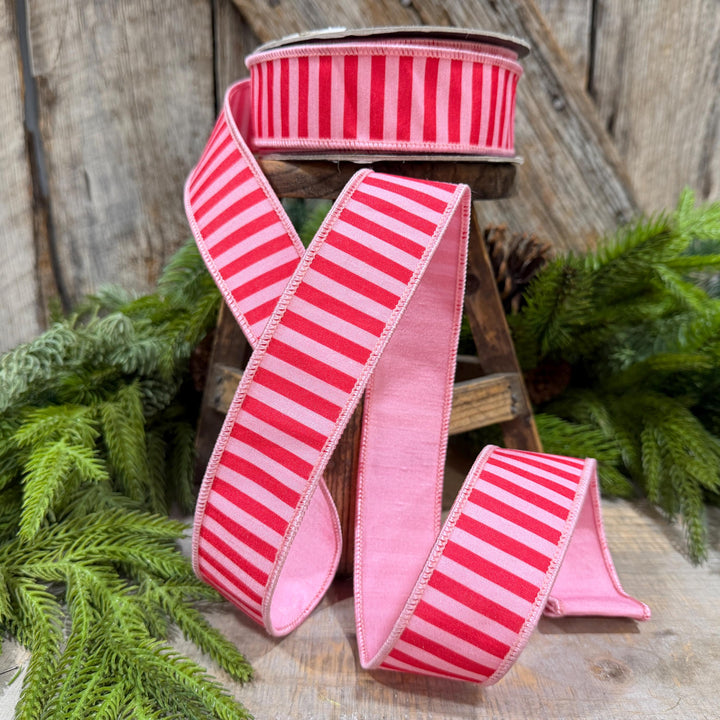 1.5" Red &amp; Pink Stripe Ribbon, Christmas Ribbon, Pink Christmas