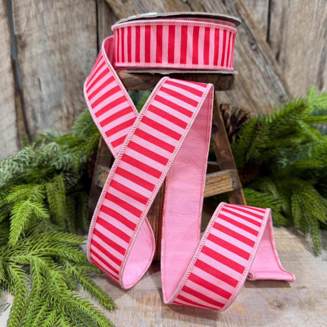 1.5" Red &amp; Pink Stripe Ribbon, Christmas Ribbon, Pink Christmas