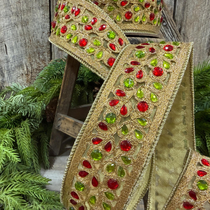 1.5" Red Green Gold Jeweled Ribbon, Farrisilk Ribbon, Jeweled Ribbon, Christmas Ribbon, Jeweled Ribbon, Christmas Ribbon, RG718-48