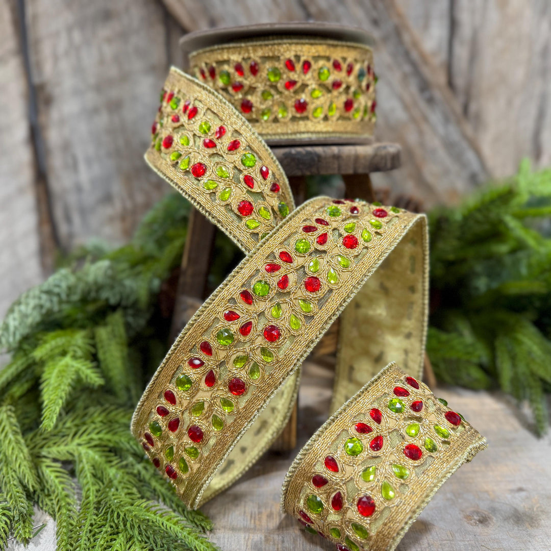 1.5" Red Green Gold Jeweled Ribbon, Farrisilk Ribbon, Jeweled Ribbon, Christmas Ribbon, Jeweled Ribbon, Christmas Ribbon, RG718-48