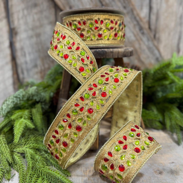1.5" Red Green Gold Jeweled Ribbon, Farrisilk Ribbon, Jeweled Ribbon, Christmas Ribbon, Jeweled Ribbon, Christmas Ribbon, RG718-48