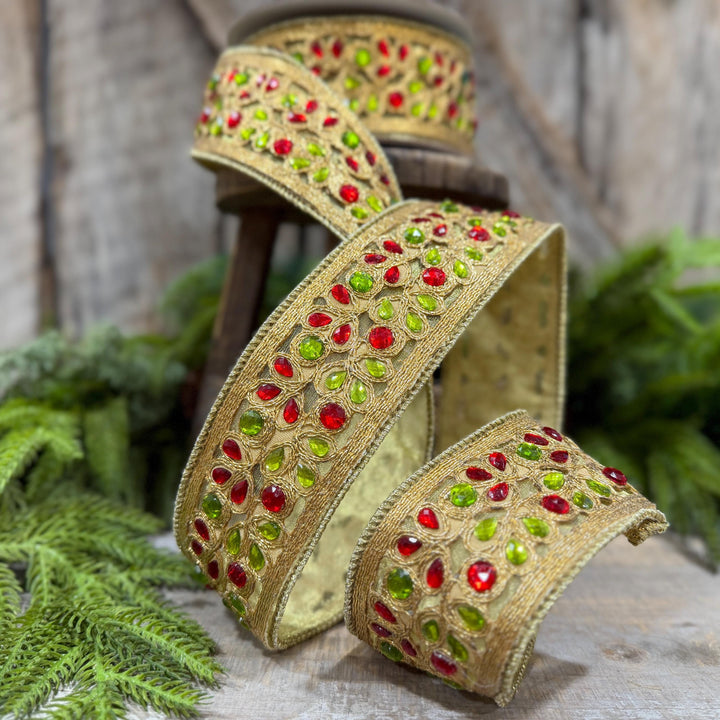1.5" Red Green Gold Jeweled Ribbon, Farrisilk Ribbon