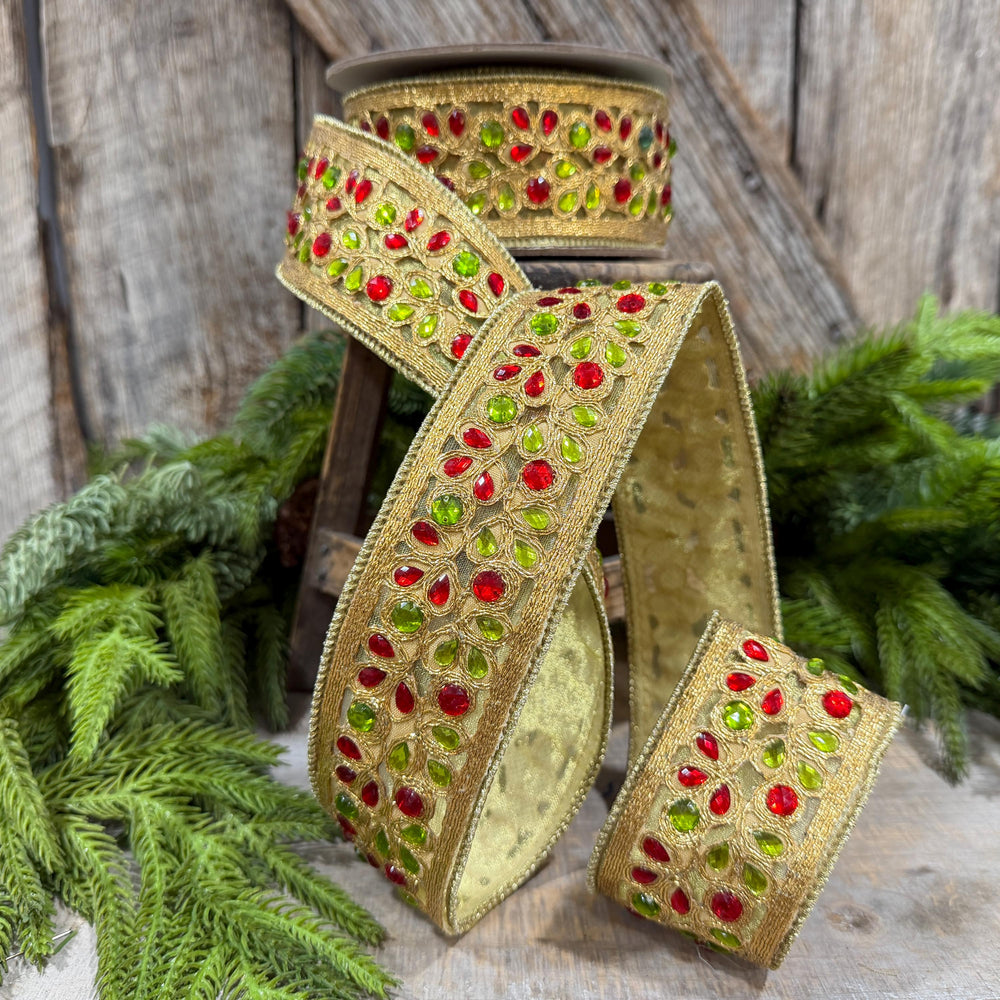 1.5" Red Green Gold Jeweled Ribbon, Farrisilk Ribbon, Jeweled Ribbon, Christmas Ribbon, Jeweled Ribbon, Christmas Ribbon, RG718-48