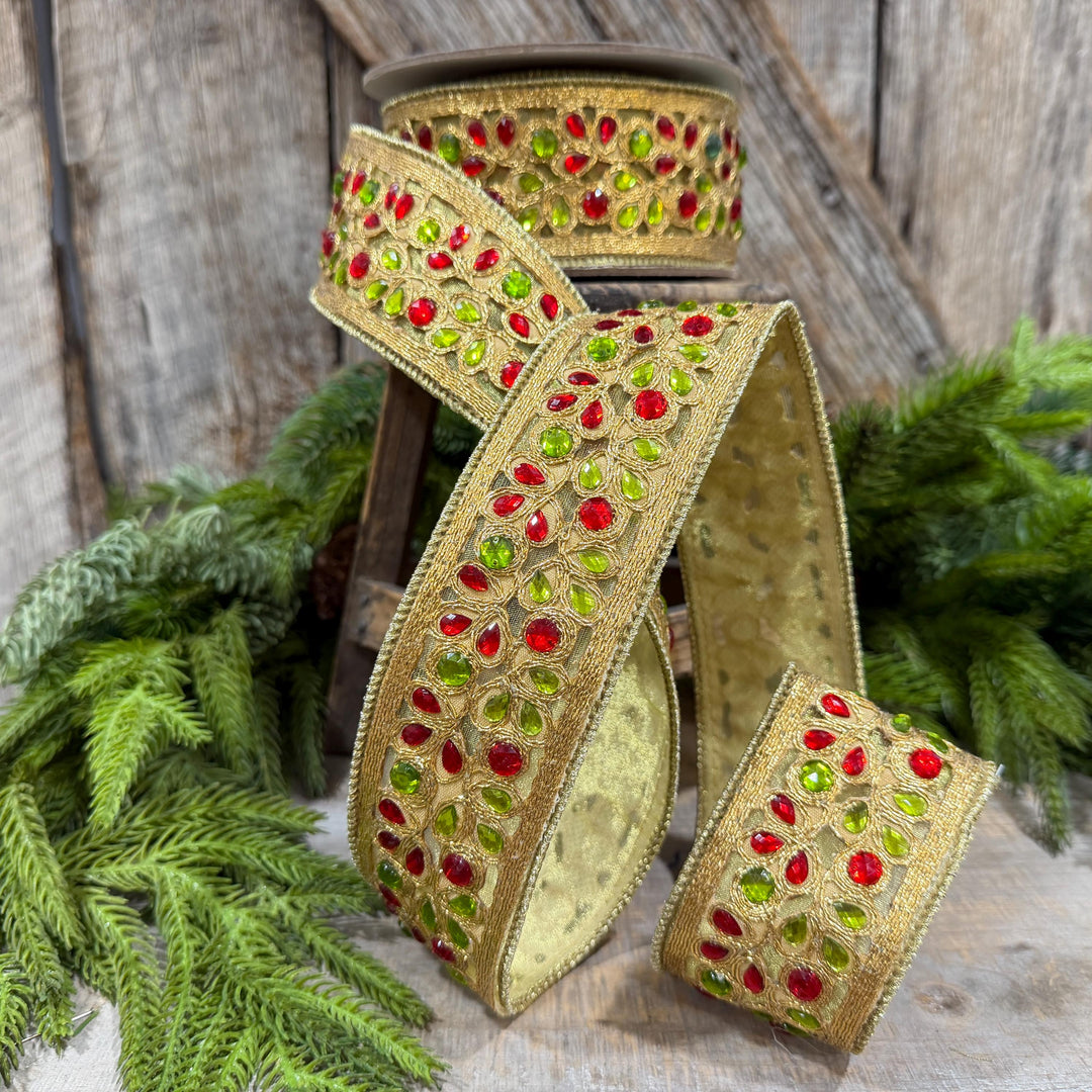 1.5" Red Green Gold Jeweled Ribbon, Farrisilk Ribbon, Jeweled Ribbon, Christmas Ribbon, Jeweled Ribbon, Christmas Ribbon, RG718-48