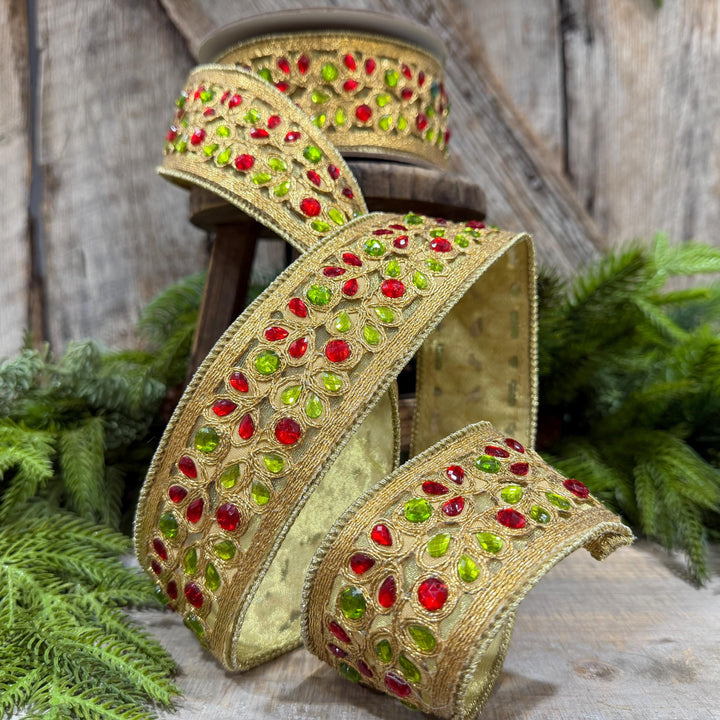 1.5" Red Green Gold Jeweled Ribbon, Farrisilk Ribbon, Jeweled Ribbon, Christmas Ribbon, Jeweled Ribbon, Christmas Ribbon, RG718-48