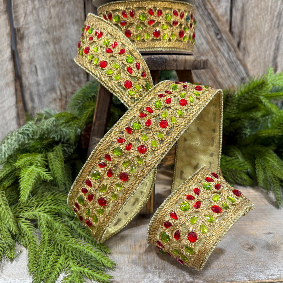 1.5" Red Green Gold Jeweled Ribbon, Farrisilk Ribbon, Jeweled Ribbon, Christmas Ribbon, Jeweled Ribbon, Christmas Ribbon, RG718-48
